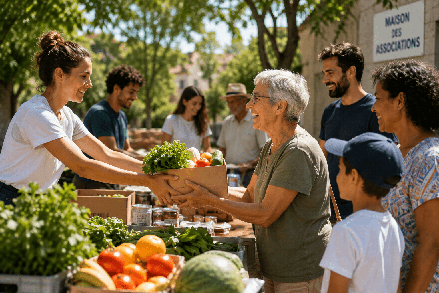 Distribution solidaire devant une maison des associations